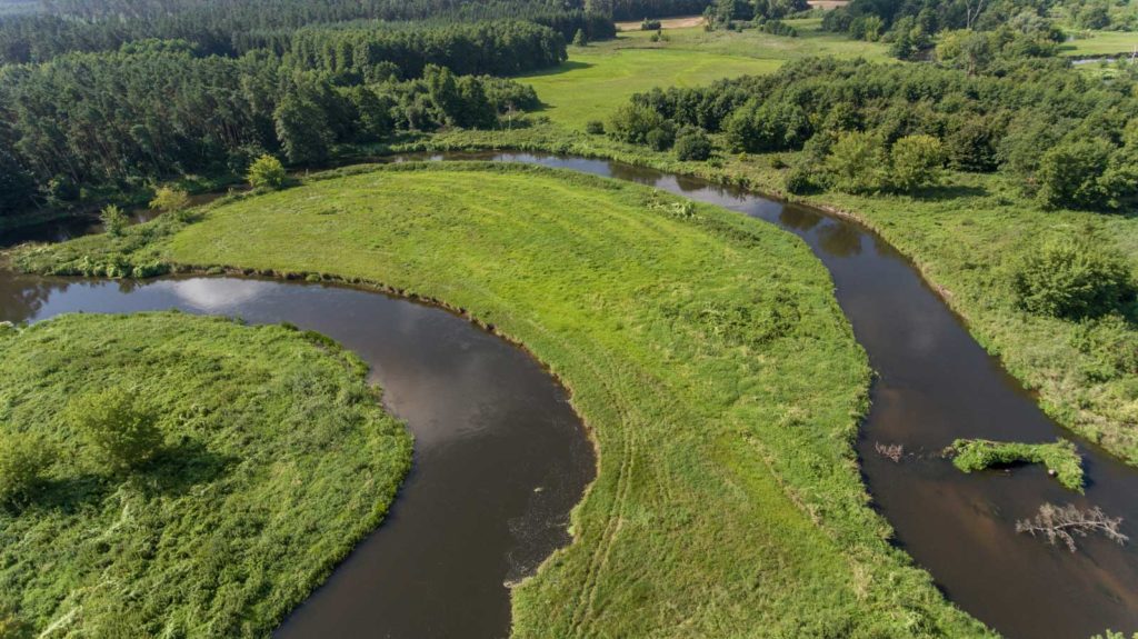 Rzeka Drwęca z lotu ptaka we wsi Olszówka